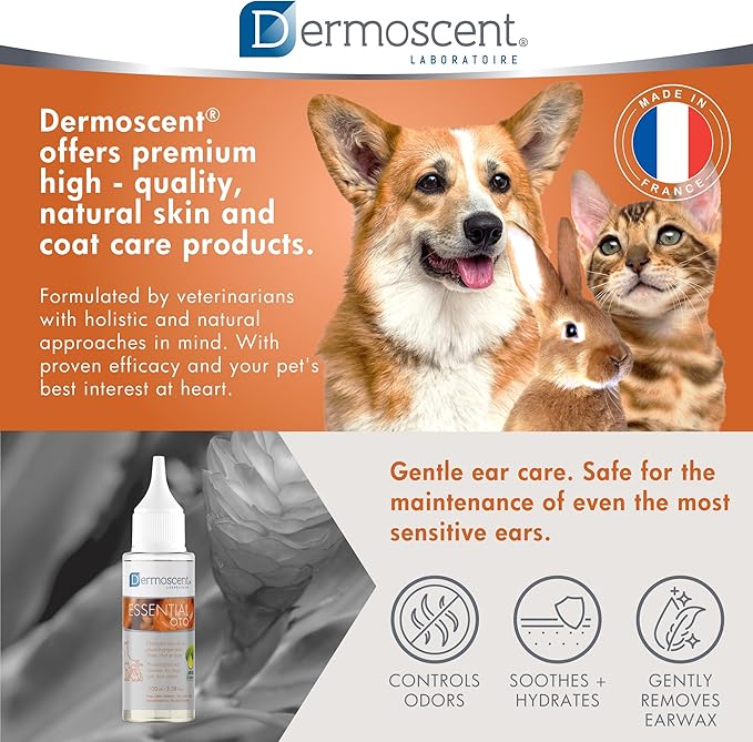 Dermoscent Essential OTO Ear Cleaner for Dogs, Cats, and Rabbits | 100% Natural Formula with Hemp Seed Oil, Gentle Earwax Removal, Odour Control, Ideal for Sensitive Ears
