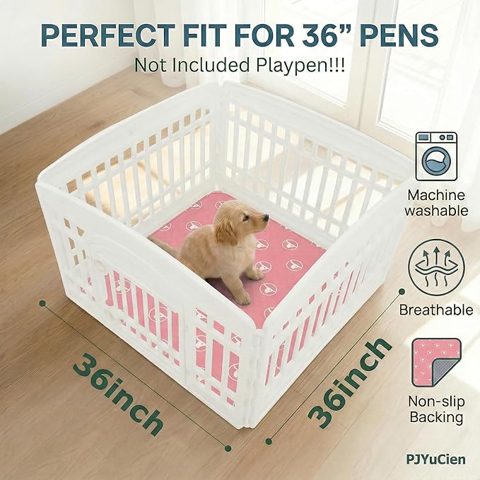 PJYuCien 2 Pack Non-Slip 36"x36" Pet Playpen Mat with 3-Layer Comfort, Reusable and Washable Training Crate Pad, Travel Mat and Sofa Protector for Puppies, Dogs, Cats, Rabbits, and Small Animals, Pink