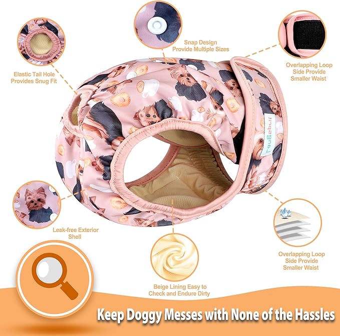 Langsprit Washable Female Dog Diapers (3 Pack) - No Leak Reusable Diapers for Doggy Female in Period - Highly Absorbent Dog Heat Panties with Adjustable Snaps S Size