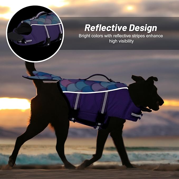 cyeollo Dog Life Jacket Reflective Mermaid Dog Life Vest for Swimming Boating, High Buoyancy Pet Life Preserver Lightweight Small Medium Large Dog Lifejackets with Front Float, Purple M