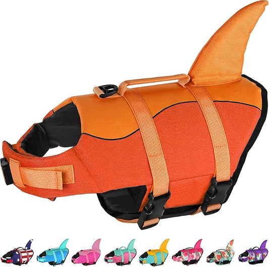 Dogcheer Dog Life Jacket, Cute Shark Dog Life Vest for Swimming Boating with Superior Buoyancy & Rescue Handle, Adjustable Puppy Floating Swim Vest for Small Medium Large Dogs - Orange, L