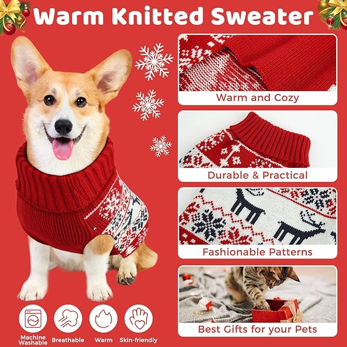 Christmas Dog Sweaters for Small Medium Large Dogs Girl, Soft Warm Pup Dogs Shirt, Turtleneck Double Knitting Collar for Outdoors Playing, Warm Dog Cat Clothes(Red+Blue,XX-Small)