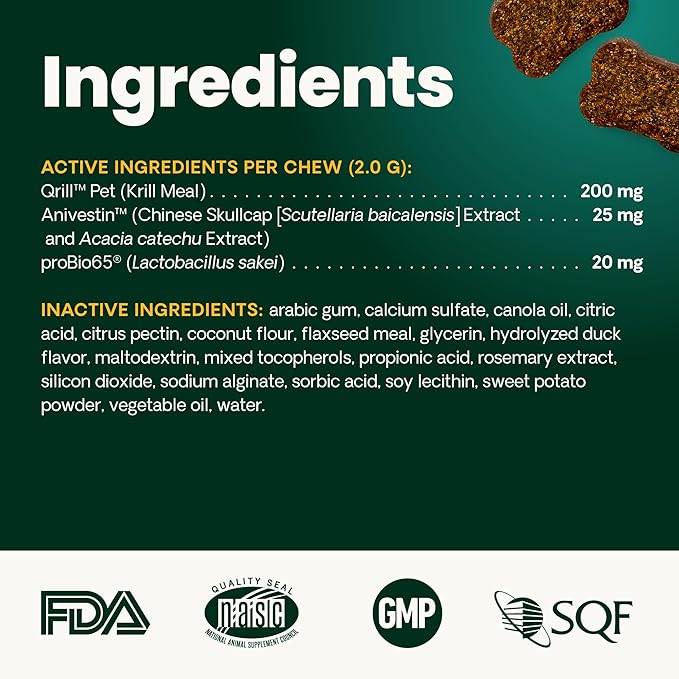 VetriScience Allergy & Itch Support Chews, Skin Supplement for Dogs, Itching, Scratching, and Licking, Support Immune Health, Duck, 75 Count
