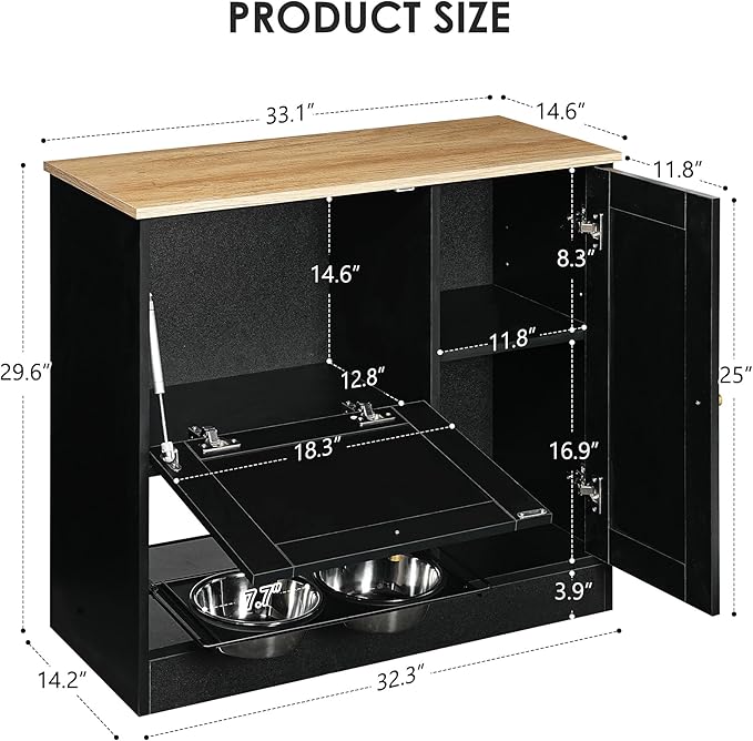 Pet Feeder Station with 2 Lockers, Dog Feeding Station Dog Food Toy Storage Cabinet Storage Container with 2 Pull Out Bowls, Adjustable Panel, Side Hooks, Rattan Door, Black (33.1" Lx14.6 Wx29.6 H)