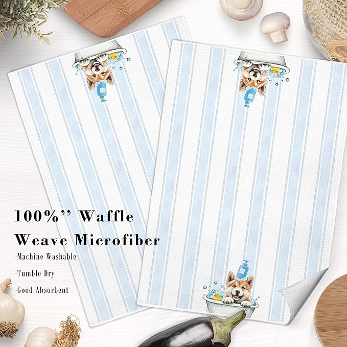 Cute Shiba Inu Bathroom Hand Towels, Kids Bathroom Decor, Shiba Inu Gifts, Dog Lover Mom Dad Gifts, Blue Striped Dog Decorative Hand Towels for Bath Room Washroom Restroom, 16x24 Inch
