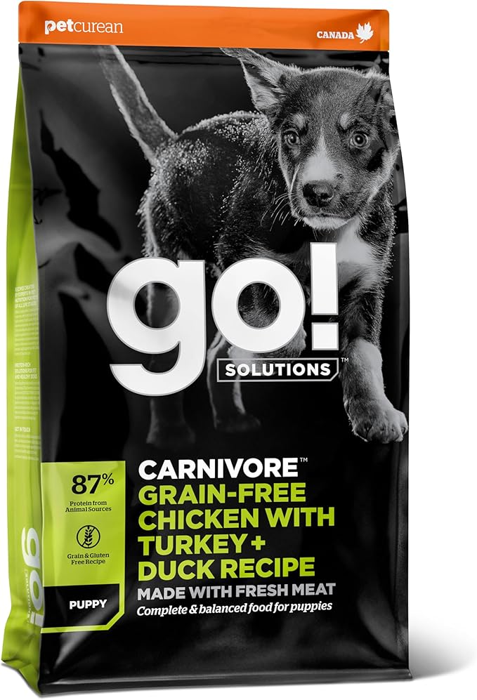 Go! Solutions Carnivore Chicken, Turkey + Duck Grain-Free Dry Puppy Food, Our Highest-Protein Kibble Made with Real Meat & Fish, Pumpkin & Probiotics for Good Digestion, 22 lb Bag