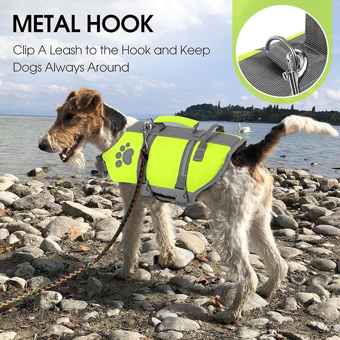 Queenmore Neon Green Large Dog Life Vest for Swimming, XL Dog Life Jacket with Handle, Big Dog Floating Vest for Pool