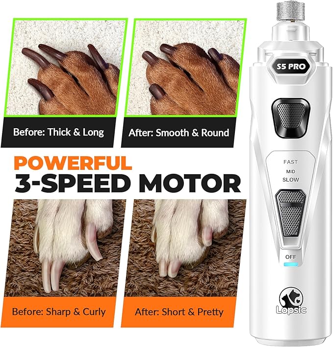 Whisper Quiet Dog Nail Grinder with LED Light, Safe & Stress-Free for Sensitive Dogs of All Breeds & Sizes, 3 Grinding Bits, 3-Speed, Pet Nail Trimmers, Rechargeable Painless Grooming Kit White