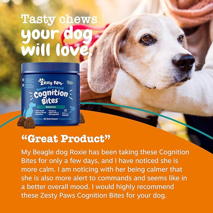 Zesty Paws Advanced Cognition Soft Chews for Dogs - with Omega 3 DHA, Ashwagandha & Alpha GPC - for Senior Dog Brain Health & Nervous System Support - Supplement for Calming & Relaxation - 90 Count