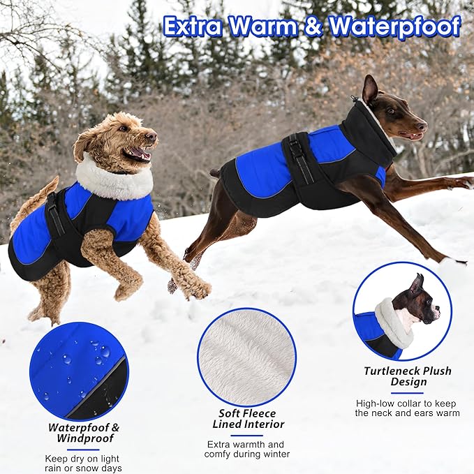 Dogcheer Waterproof Dog Coat, Christmas Dog Winter Jacket, Adjustable Puppy Fleece Coat for Cold Weather, Reflective Turtleneck Snow Jacket for Small Medium Large Dogs - Blue, 2XL