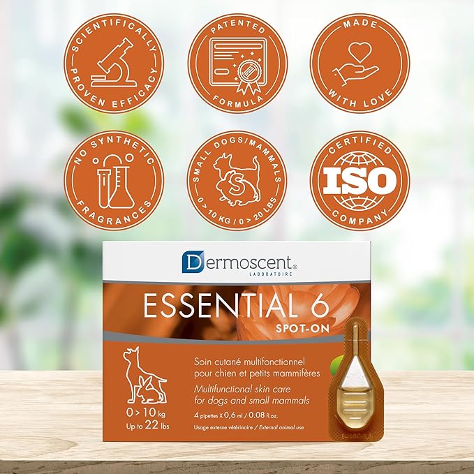 Dermoscent Essential 6 spot-on - Dog Skin Care for Dandruff & Allergy Relief with Vitamin E Oil - Anti Itch for Dogs - Dog & Small Mammals 0-10 kg - 4 Pipettes of 0.6 ml