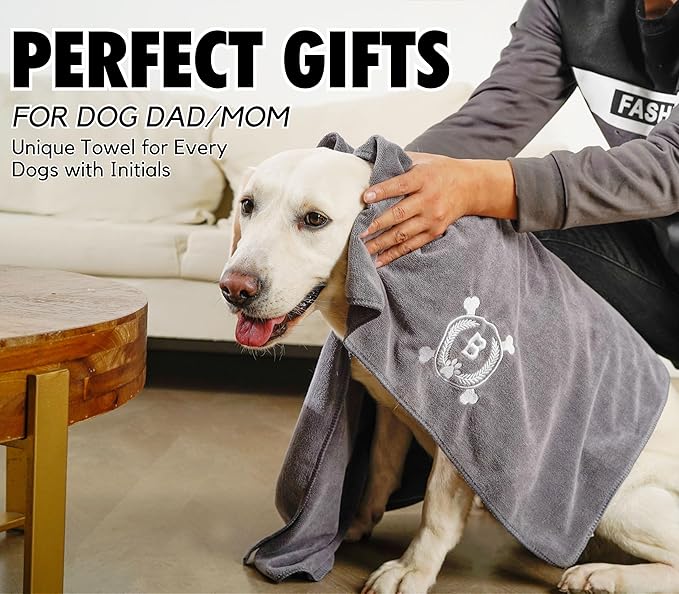 InnoBeta Personalized Dog Towels for Drying Dogs - Pack of 2 - Super Absorbent Soft Microfiber Pet Bath Grooming Towel for Dogs, Monogrammed Initial for Dogs (40 X 23.6 Inches, Grey and Brown) - A