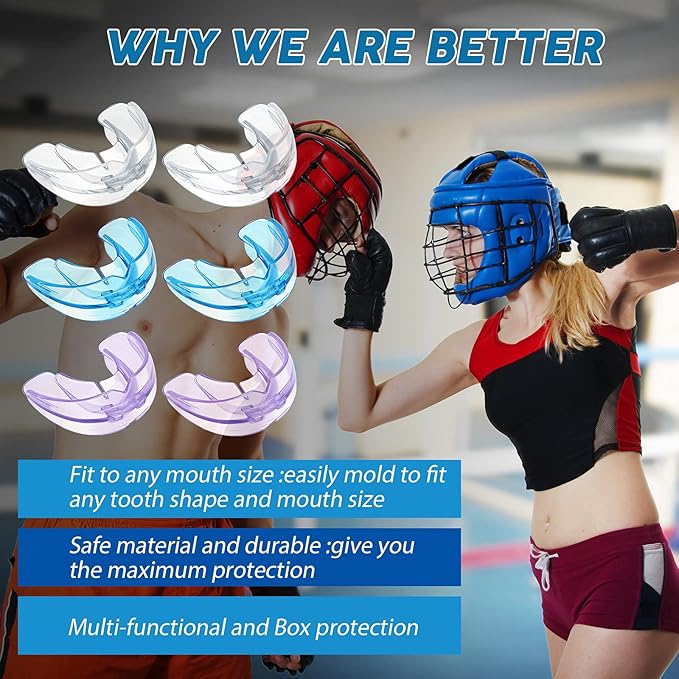 TOODOO 6 Pieces Braces Mouth Guard Kids Sports Mouth Guard for Kids Double Football Youth Mouthguards for Boxing Football Hockey Karate Basketball (Transparent, Transparent Purple/Blue)