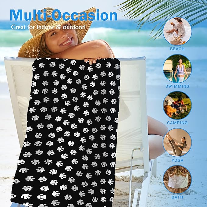Black Paws Dog Pet Beach Towel Gifts for Women Dog Lovers Owner, Funny Cute Quick Dry Travel Sand Free Beach Towels Oversized Decor for Bathroom Swimming Pool 30x60in