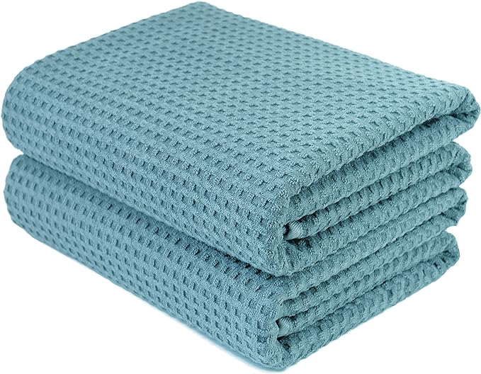 POLYTE Microfiber Oversize Quick Dry Lint Free Bath Towel, 60 x 30 in, Set of 2 (Green, Waffle Weave)