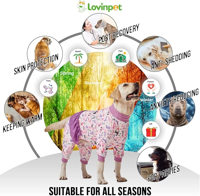 LovinPet Long Sleeve Onesie for Large Dogs, High Collar Cotton Dog Shirt, Anti-Shedding, Lightweight Stretchy Knit, Stop Shedding for Dogs, Pink Puppy Print, Shirt for under dog dresses, Pet Pj's, 2XL