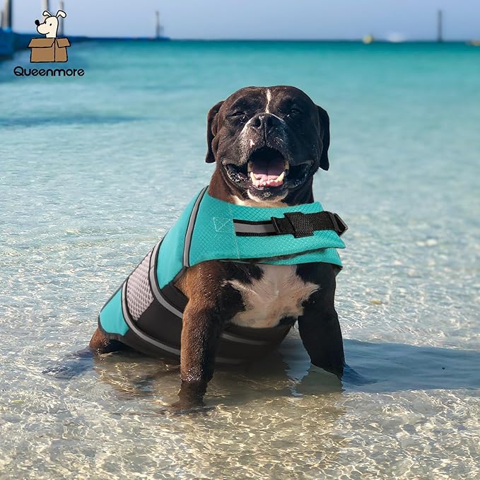 Queenmore Dog Life Jacket Swimming Vest Small Medium Dogs Neoprene Boating Life Preserver Lightweight Reflective Cat Puppy Kayaking Lifesaver for French Bulldog,Dachshund,Shih Tzu,Pug(Peacock Green,M)
