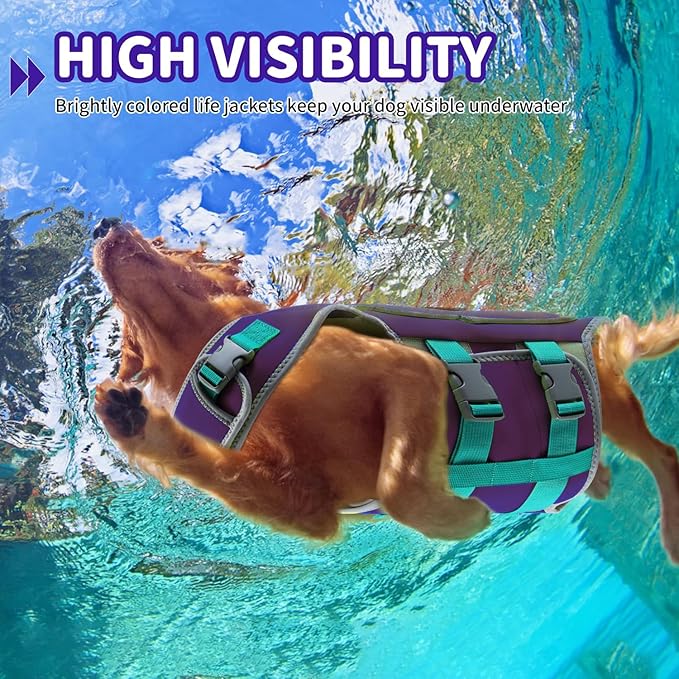 Dog Life Vest for Swimming, High Flotation Dog Life Jacket for Large Dogs Good Visibility Reflective Dogs Floating Vest, Adjustable Neoprene Pet Swimsuit with Rescue Handle (Purple, L)