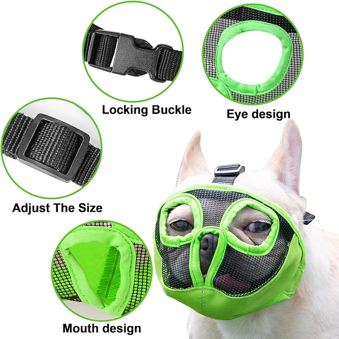 Short Snout Dog Muzzles- Adjustable Breathable Mesh Bulldog Muzzle for Biting Chewing Licking Grooming Dog Mask,Green S