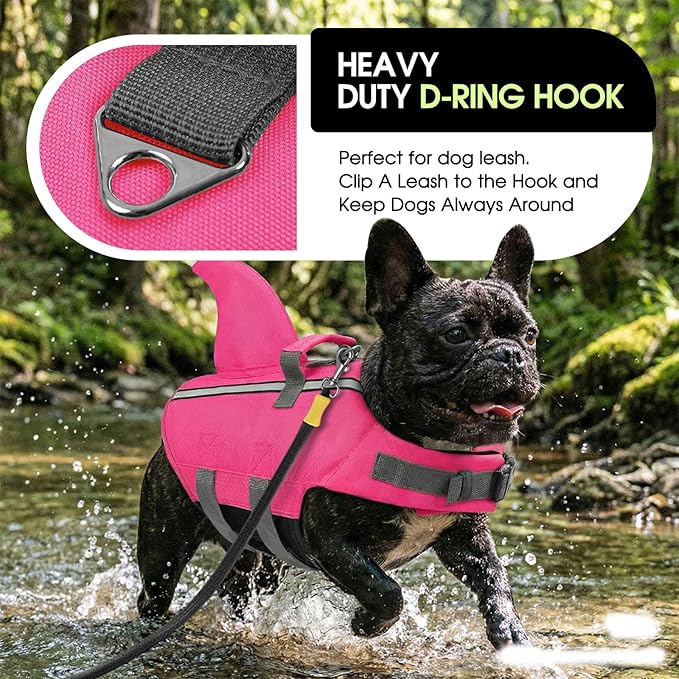 SUNFURA Dog Life Jacket Shark Life Vest for Dogs, Adjustable Swmming Vest with High Buoyancy, Safety Lifesaver with Rescue Handle for French Bulldog Small Medium Breeds, Hot Pink S