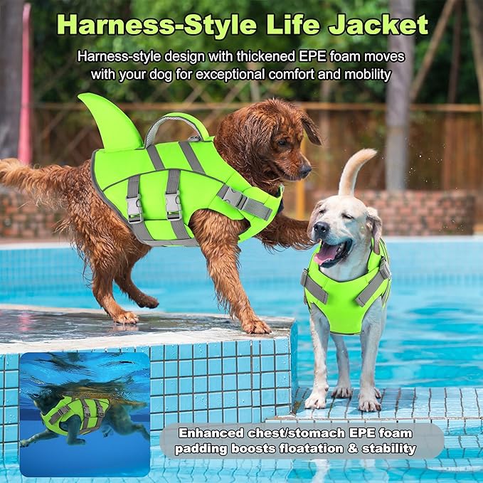 Dogcheer Shark Fin Dog Life Jacket, Adjustable Dog Harness Life Vest for Swimming Boating, Reflective Puppy Swim Vest Pet Flotation Device for Small Medium Large Dogs - Green,S