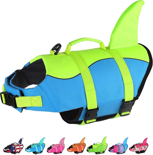 Dogcheer Dog Life Jacket, Cute Shark Dog Life Vest for Swimming Boating with Superior Buoyancy and Rescue Handle, Adjustable Puppy Swim Vest Floating Vest for Small Medium Large Dogs - Blue-Green,XL