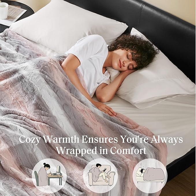 Madison Park Queen Size Blanket Ultra-Soft Poly Fur Queen Size, Reversible Plush, All Season & Lightweight Queen Fuzzy Blanket for Bed, Couch & Sofa, Zuri, Full/Queen Blush/Grey