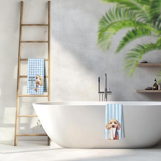 Funny Golden Doodle Bathroom Hand Towels, Goldendoodle Gifts for Women, Blue Preppy Plaid Striped Doodle Decorative Hand Tea Towels for Washroom Restroom Toilet, 16x24 Inches Set of 2