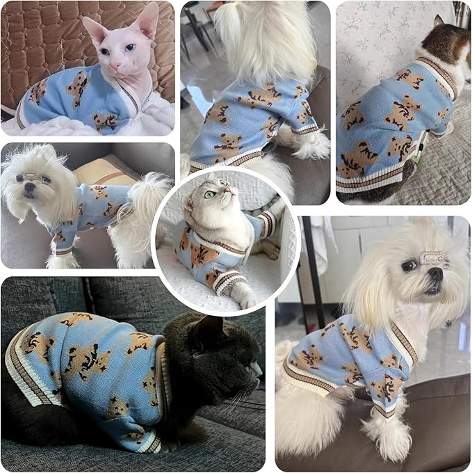 Small Dog Sweaters Cute Bear Dog Cardigans Clothes for Small Medium Dogs Boy Girl Puppy Cat Knitting Cardigan Outfits Dogs Autumn Coats Warm Pet Doggy Clothes Soft Knitwear Apparel (Blue,M)
