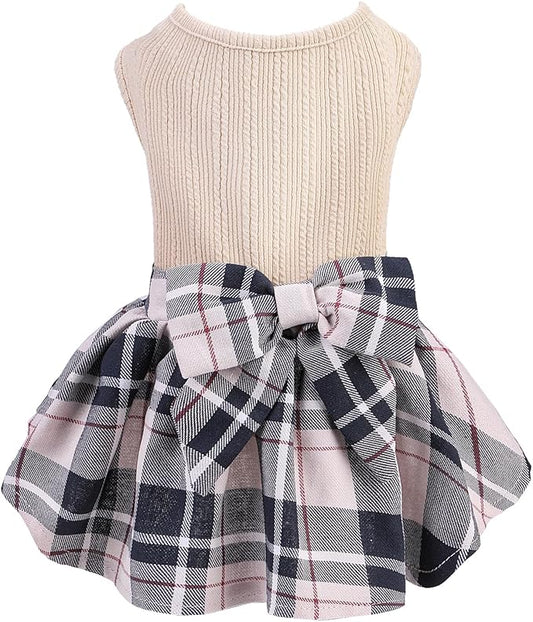 PUPTECK Classic Plaid Dog Dress Pet Apparel with Cute Bowtie Puppy Clothes Outfit,Cream,S