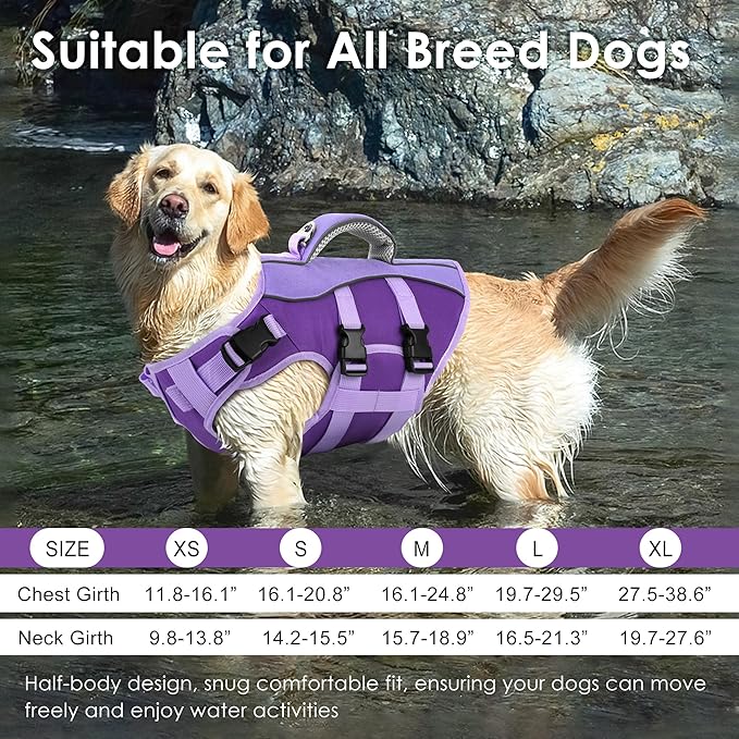 Dog Life Jacket, High Buoyancy Dog Life Vest with Handle for Swimming Boating, Adjustable Swimming Vest with Reflective Trim for Small Medium Large Dogs - Purple, L