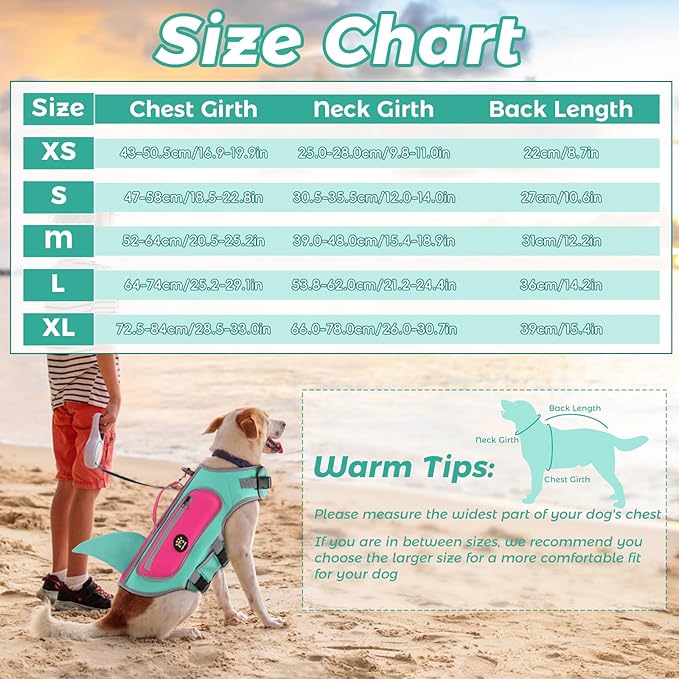 Dog Life Jacket, Cute Shark Dog Life Vest for Swimming Boating with Superior Buoyancy and Rescue Handle, Adjustable Puppy Swim Floating Vest for Small Medium Large Dogs (Turquoise, Large)