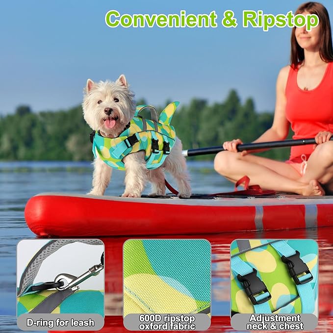 Dogcheer Shark Fin Dog Life Jacket, Adjustable Dog Harness Life Vest for Swimming Boating, Puppy Swim Vest Pet Flotation Device for Small Medium Large Dogs - Colorful Green,XL