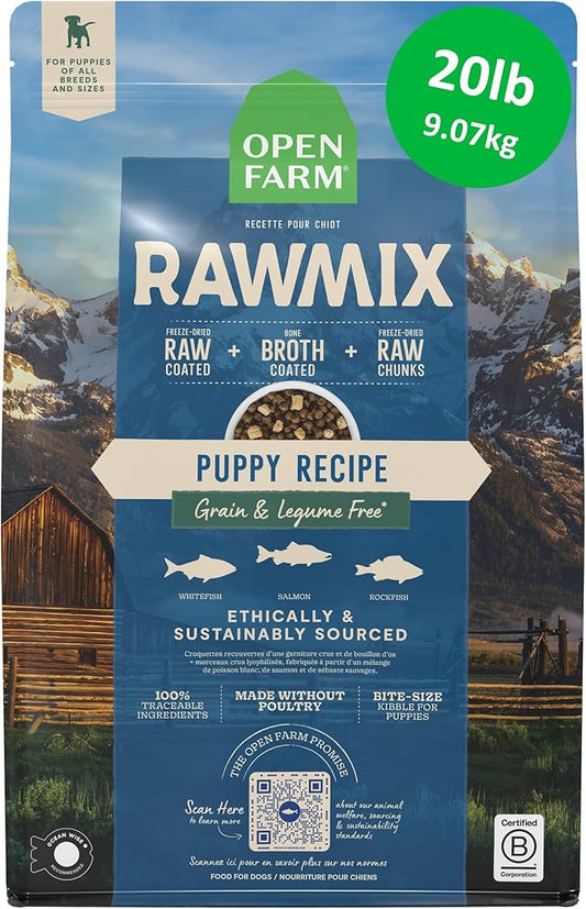 Open Farm, RawMix Grain-Free Dry Puppy Food, Protein-Packed Kibble Coated in Bone Broth with Freeze Dried Raw Chunks, Wild Caught Fish, Puppy Recipe, 20lb Bag