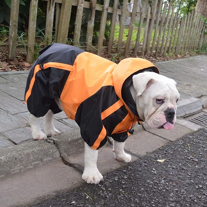 Lovelonglong American Bully Pitbull Dog Hooded Raincoat, Bulldog Rain Jacket Poncho Waterproof Clothes with Hood Breathable 4 Feet Four Legs Rain Coats for Pugs English French Bulldog Orange B-M