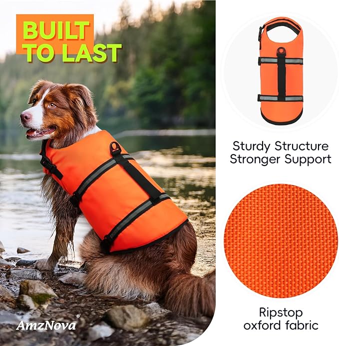 AMZNOVA Rip Stop Dog Life Jacket, Dog Life Vest for Swimming & Boating, Lightweight & Buoyancy for Doggy Puppy, Lifejacket with Handle, S, Bright Orange
