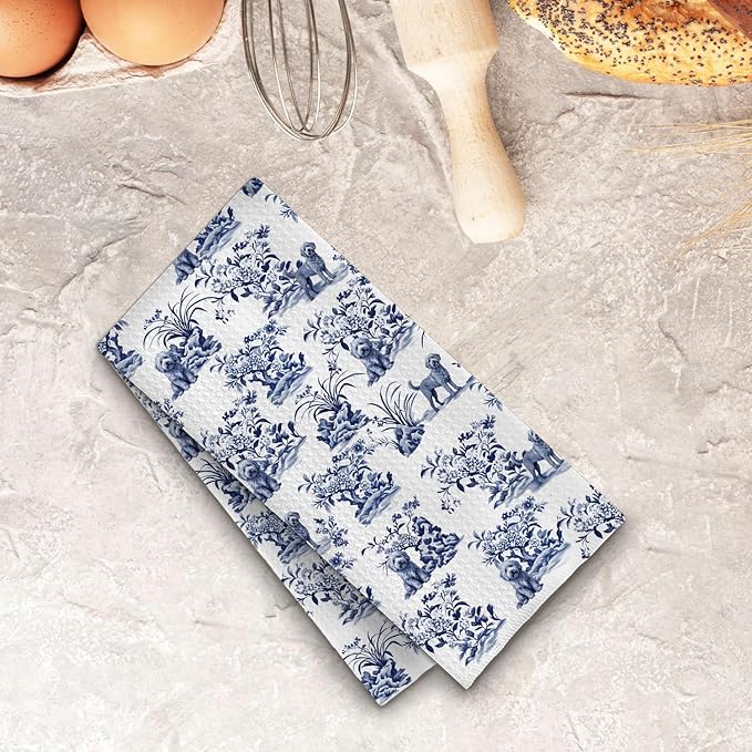 Blue Chinoiserie Labradoodle Kitchen Towels, Doodle Gifts for Women Dish Tea Towels for Kitchen Decor, Chinoiserie Poodle Hand Towels for Bathroom, 16x24 Inches