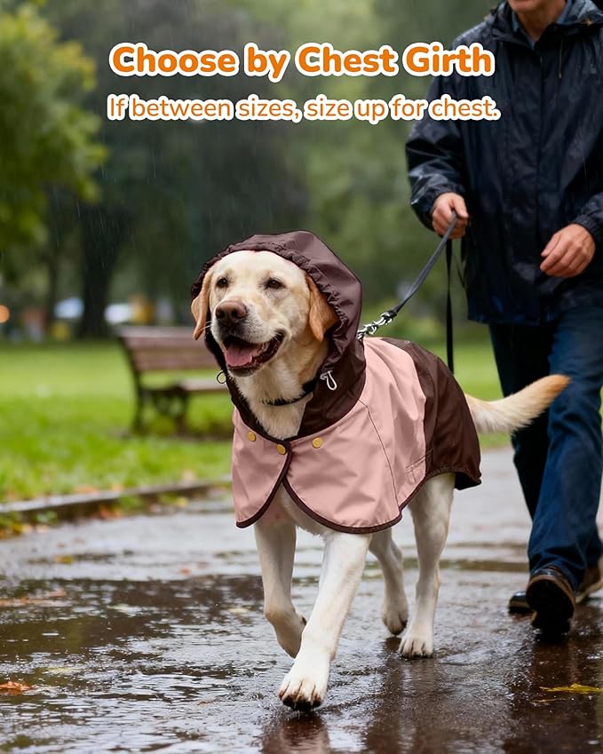 Waterproof Dog Raincoat with Hood, Extended Coverage Rain Jacket for Large Dogs, Wind-Resistant Secure Fit with Leg Straps, Reflective, Leash Hole, Easy Hook & Loop Fastener On/Off, Pink, XXL