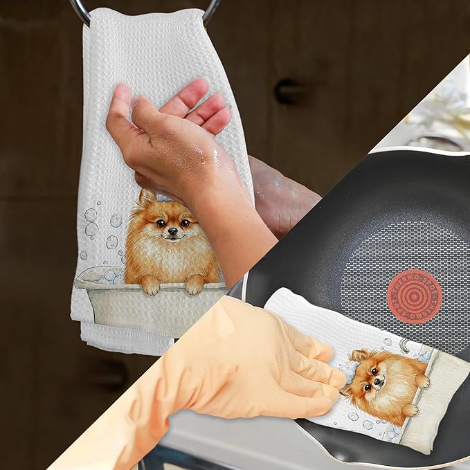 Funny Pomeranian Gifts Hand Towels, Dog Bathroom Decor, Cute Pomeranian Dog Dish Tea Towels, Funny Pomeranians in Bathtub Hand Towel for Toilet Kitchen Restroom Decor, 16x24 Inch