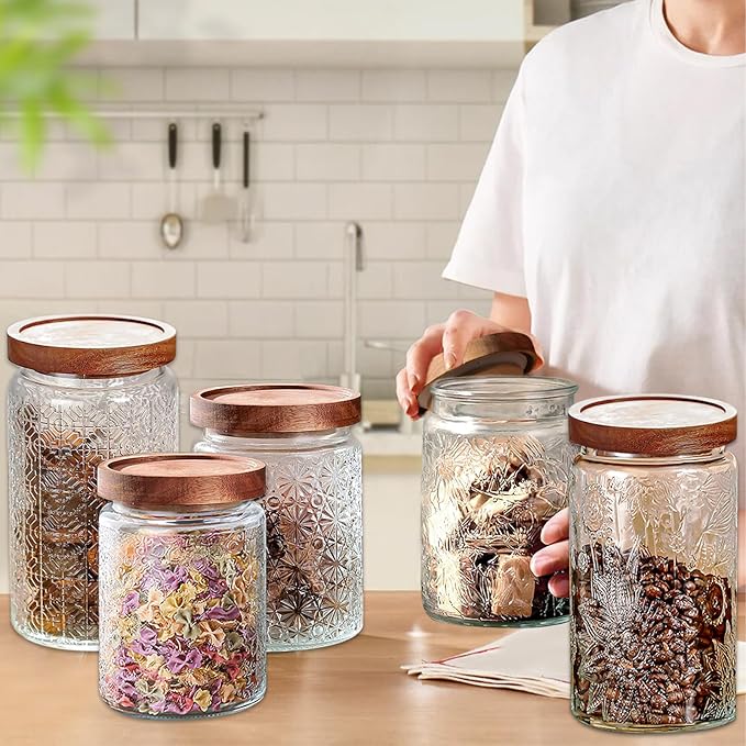 Vintage Glass Jars with Wooden Lids, 6 Pack 24 oz Airtight Glass Food Storage Containers Sets for the Kitchen, Sugar Coffee Candy Spice Cookie Tea Pasta