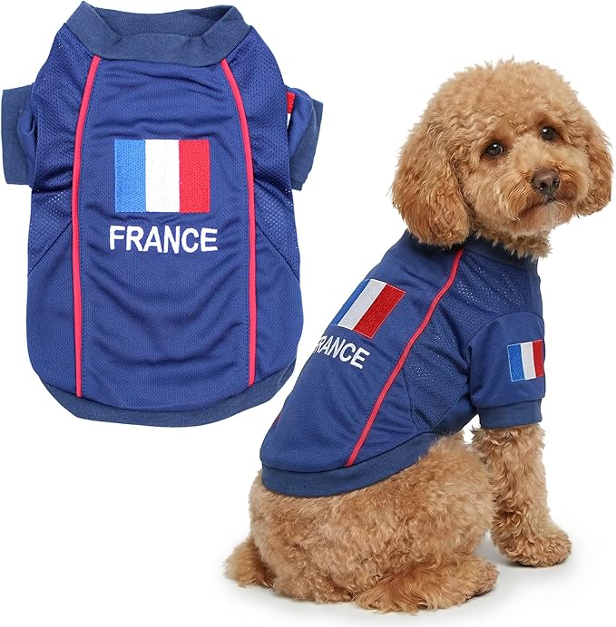 Parisian Pet Team France Dog Jersey - Breathable Mesh Puppy Football Jersey - Lightweight Stretch Sporty Dog Clothes - Summer Shirts for Large Dogs - Soccer Jersey for Dogs - Sportswear Pet Clothes
