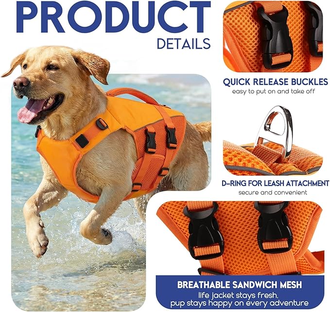 ASENKU Dog Life Jacket, High-Buoyancy Reflective Dog Swimming Vest with Durable Handles for Small/Medium/Large Dogs - Pool, Beach, Boating (Orange, M)