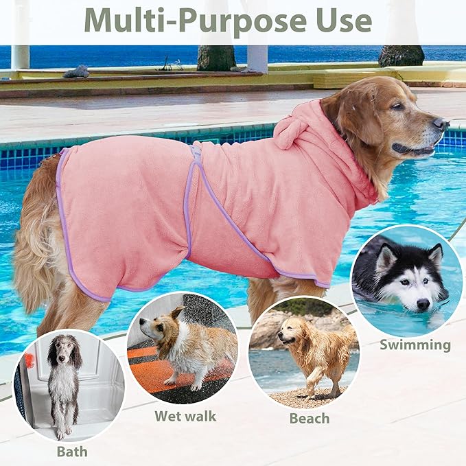 Dog Bathrobe Super Absorbent Towel Robe - Microfiber Bath Towels Fast Drying Coat for Dogs, Cute Dogs Clothes Adjustable Collar & Belly Strap Warm Keeping Hooded Dog Towel (Pink, X-Large)