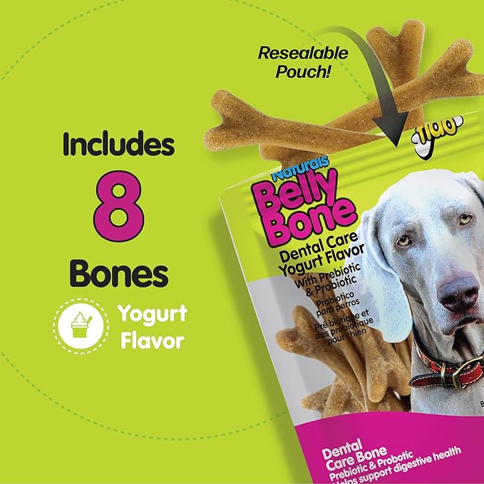 Fido - Belly Bones for Dogs, 8 Yogurt Flavor Medium Dog Dental Treats (Made in USA) - 8 Count Dog Treats for Medium Dogs - Plaque and Tartar Control for Fresh Breath, Digestive Health Support
