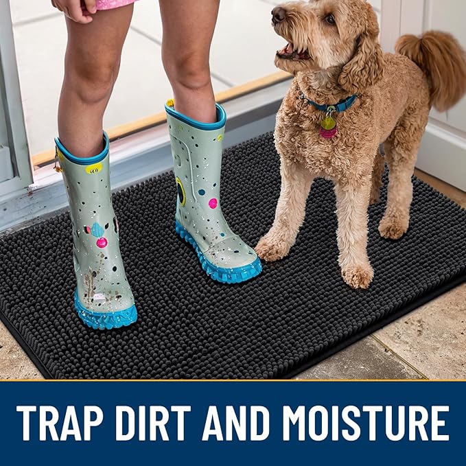Smiry Dog Door Mat for Muddy Paws 47x20, Absorbs Moisture and Dirt Doormat, Non-Slip Washable Quick Dry Chenille Front Door Mat Indoor Entrance, Entryway Carpet for Inside Floor, Black