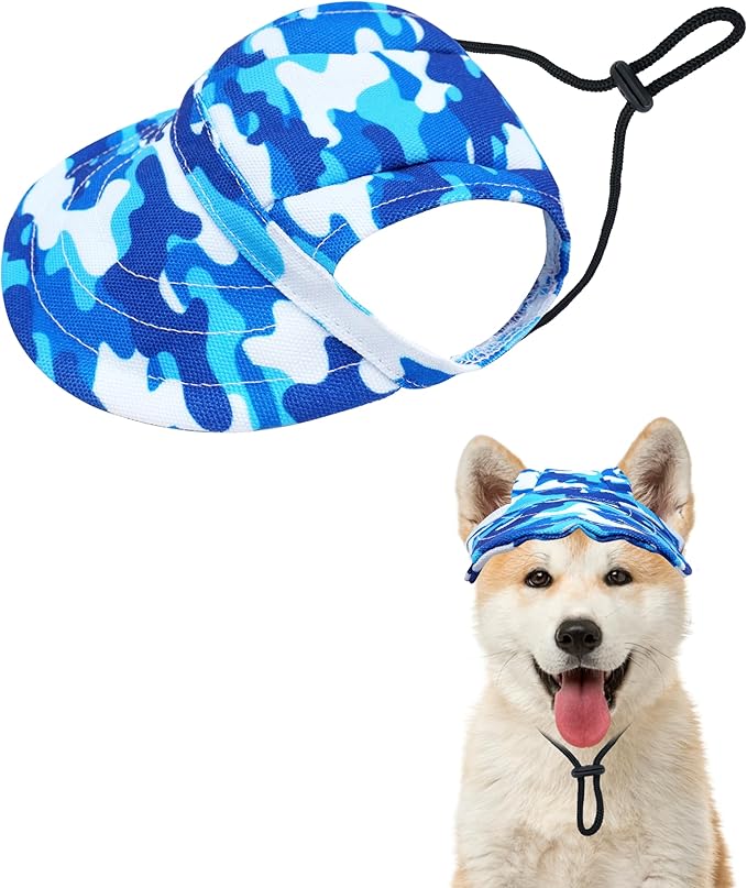 PET SHOW Dog Baseball Cap Camouflage Dog Visors for Medium Small Dogs Summer Waterproof Pet Sun Hats with Ear Holes Adjustable Drawstring Boy Puppy Hat -Blue/L