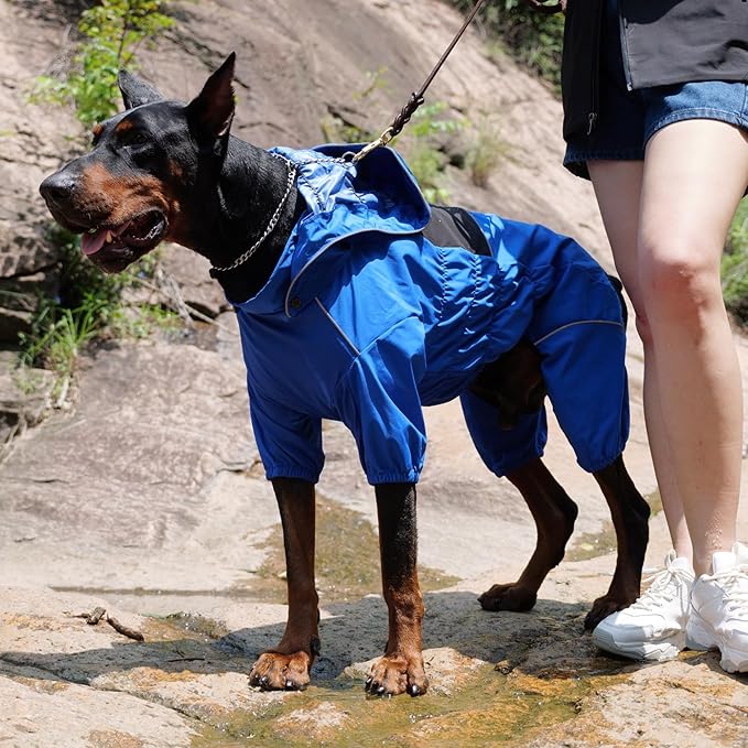LOVELONGLONG Waterproof Dog Raincoat with Removable Hood – Outdoor Full Body Dog Jacket, Windproof Snowproof Shell Suit – All Season Pet Rain Gear Blue XL