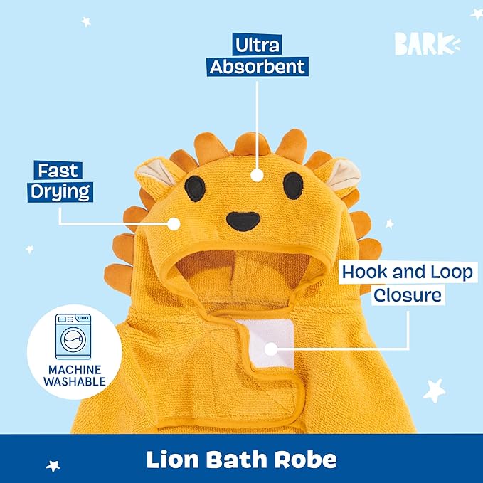 Barkbox Dog Bathrobe Fast Drying with Hook and Loop Closure & Wrap Tie Snuggle, Cute Dogs Clothes, Easy to Clean, Machine Washable, Dog Coats and Tumble Dry Low - Lion, Large