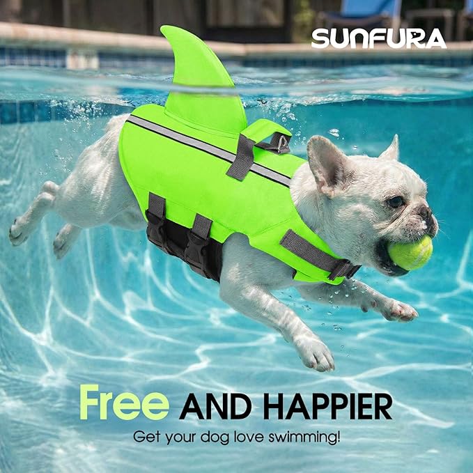 SUNFURA Dog Life Jacket Shark Life Vest for Dogs, Adjustable Swmming Vest with High Buoyancy, Safety Lifesaver with Rescue Handle for French Bulldog Small Medium Breeds, Green XS