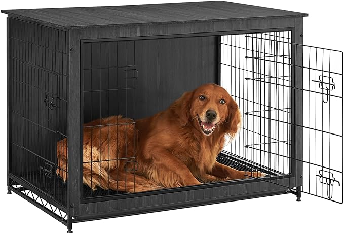 Feandrea 44.1" Dog Crate Furniture, Indoor Dog Cage Side End Table, XL Pet Wood Kennel for Large and Medium Dogs up to 80 lb with Multi-Purpose Removable Tray, Double-Door Pet House, Ink Black